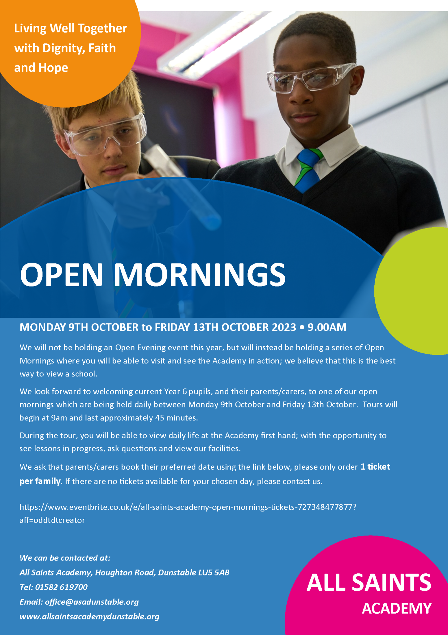 Open Mornings – 9th to 11th October 2023 – All Saints Academy Dunstable